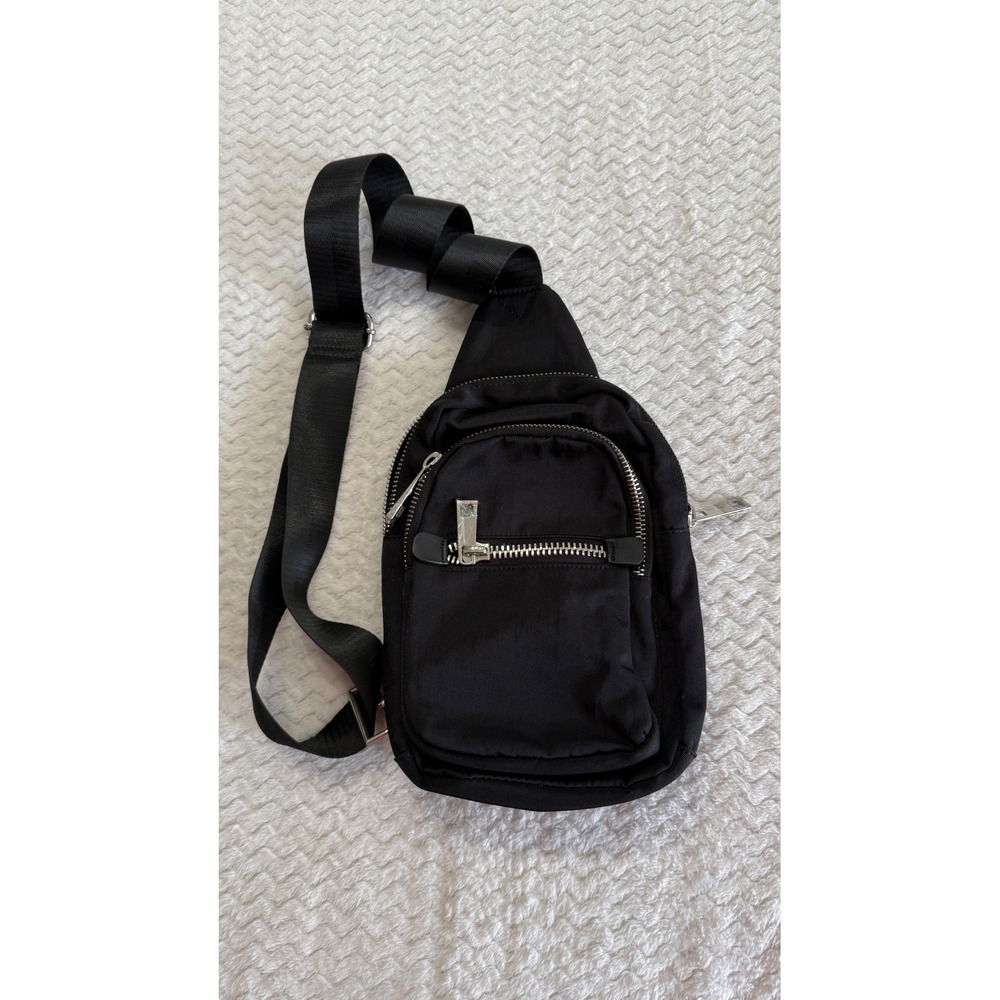 TopShop Black Nylon Sling Bag Crossbody Backpack Adjustable Silver Hardware